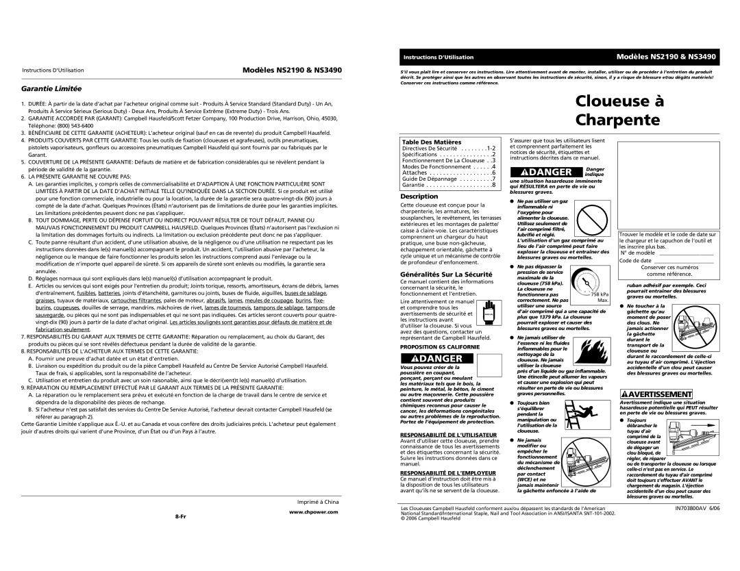 Campbell Hausfeld operating instructions Modèles NS2190 & NS3490, Généralités Sur La Sécurité, Table Des Matières 