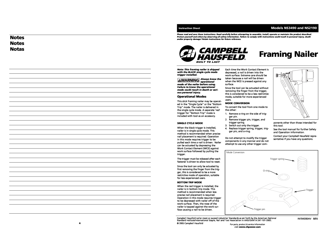 Campbell Hausfeld operating instructions Modelos NS2190 & NS3490, Garantía Limitada, Models NS2190 & NS3490 