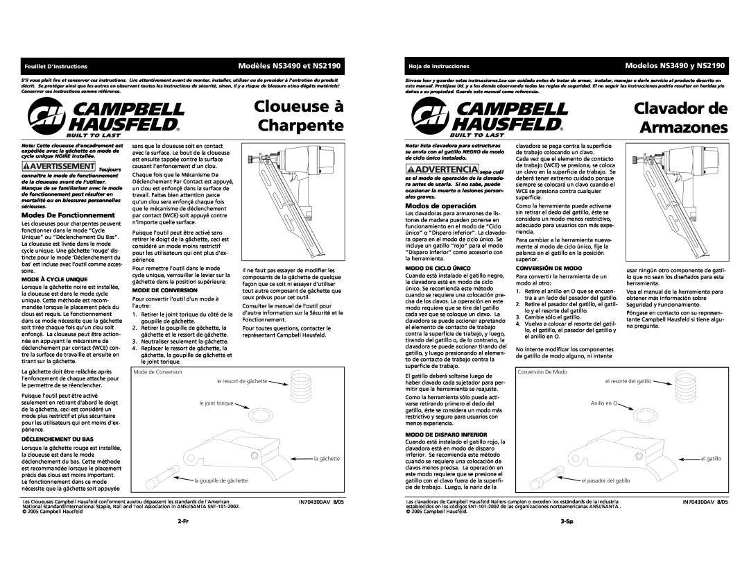 Campbell Hausfeld Modèles NS3490 et NS2190, Modes De Fonctionnement, Modelos NS3490 y NS2190, Modos de operación, 2-Fr 
