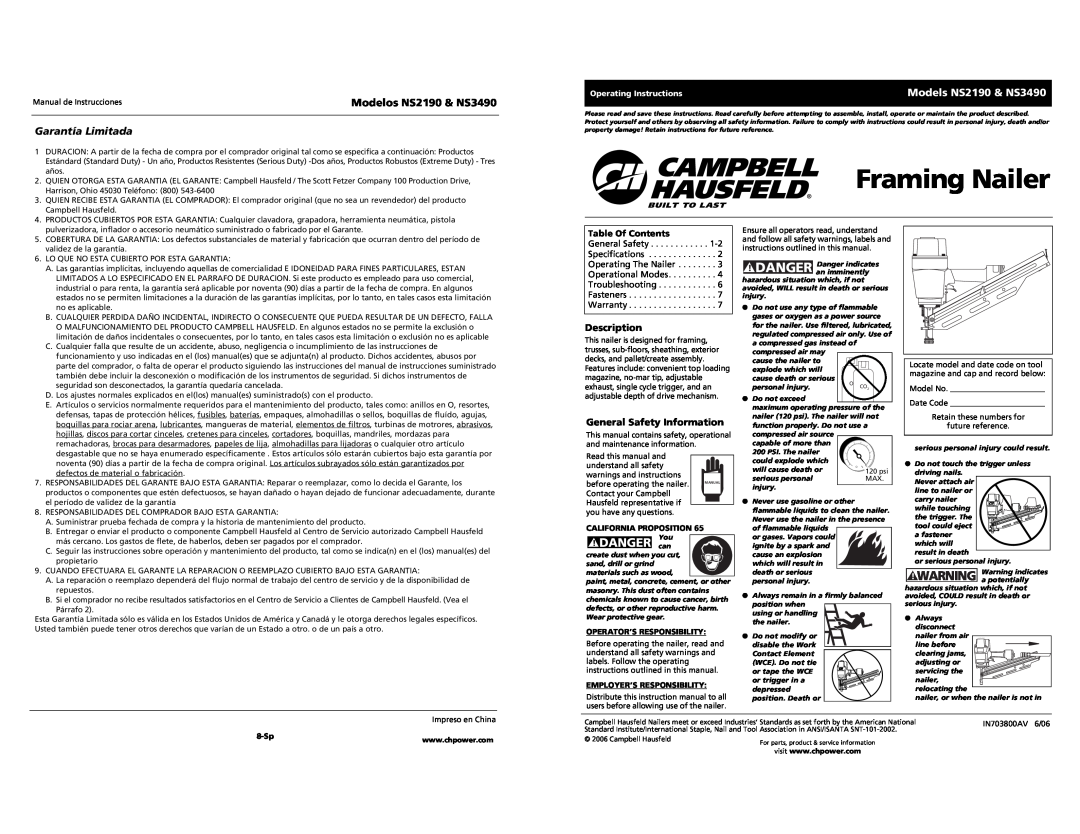 Campbell Hausfeld operating instructions Modelos NS2190 & NS3490, Garantía Limitada, Models NS2190 & NS3490 
