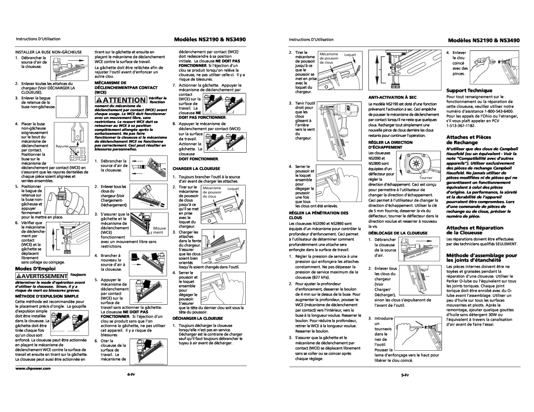Campbell Hausfeld NS3490 AVERTISSEMENT Toujours, Support Technique, Attaches et Pièces de Rechange, Attaches et Réparation 