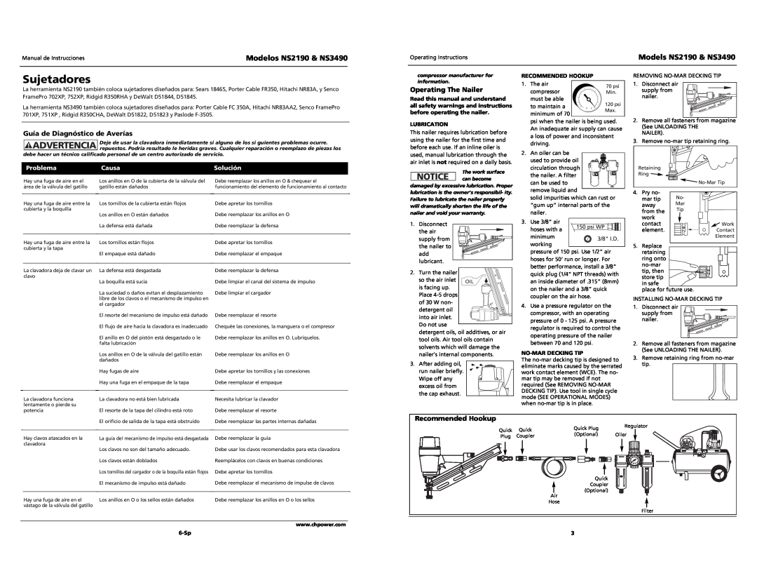 Campbell Hausfeld NS2190 Sujetadores, Guía de Diagnóstico de Averías, Operating The Nailer, Recommended Hookup, Problema 