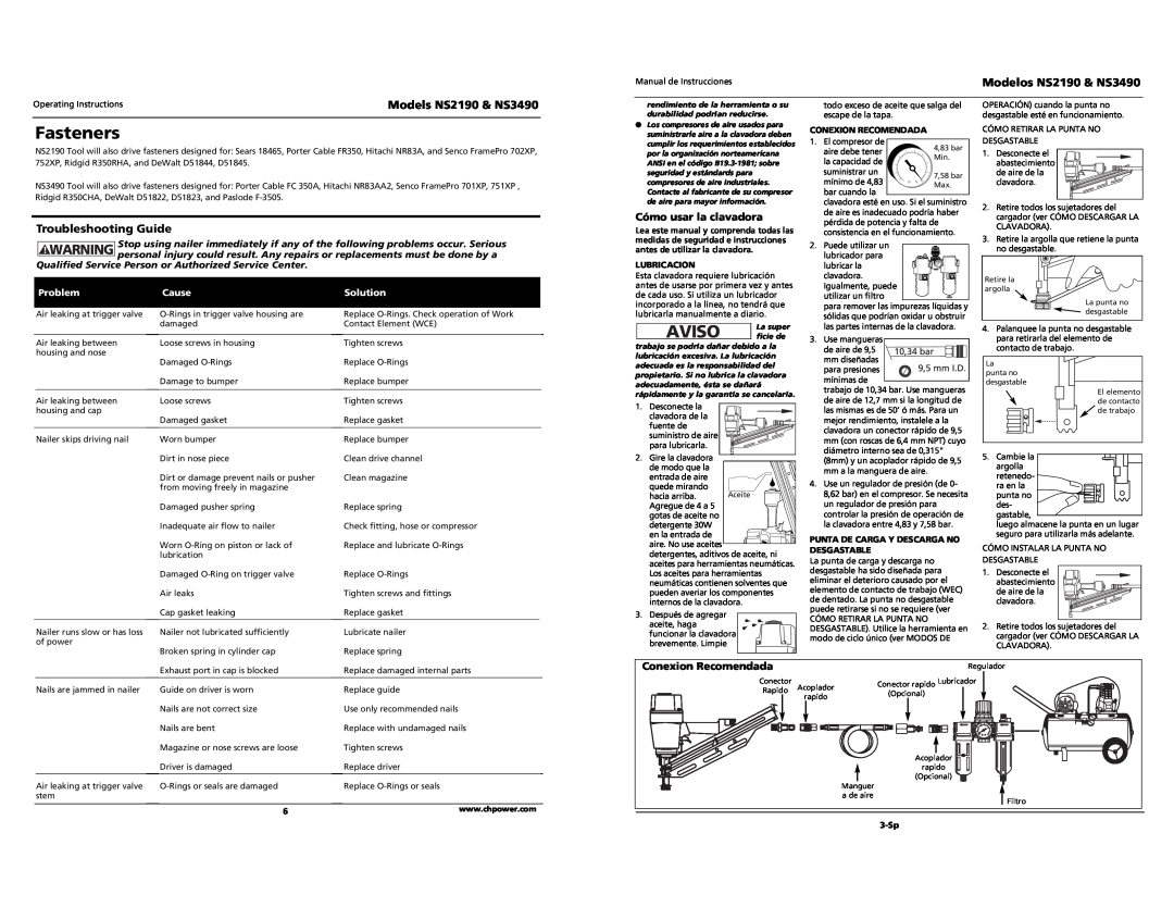 Campbell Hausfeld NS3490 Fasteners, Aviso, Troubleshooting Guide, Cómo usar la clavadora, Conexion Recomendada, Problem 