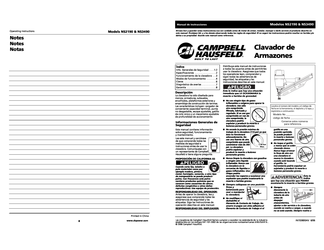 Campbell Hausfeld Clavador de Armazones, Notes Notes Notas, Peligro, Modelos NS2190 & NS3490, Descripción, Índice 