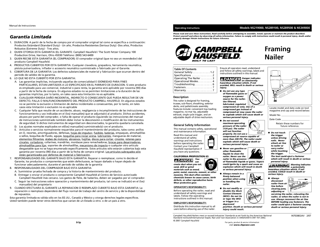 Campbell Hausfeld NS219000, NS349000 operating instructions Garantía Limitada, Description, General Safety Information 