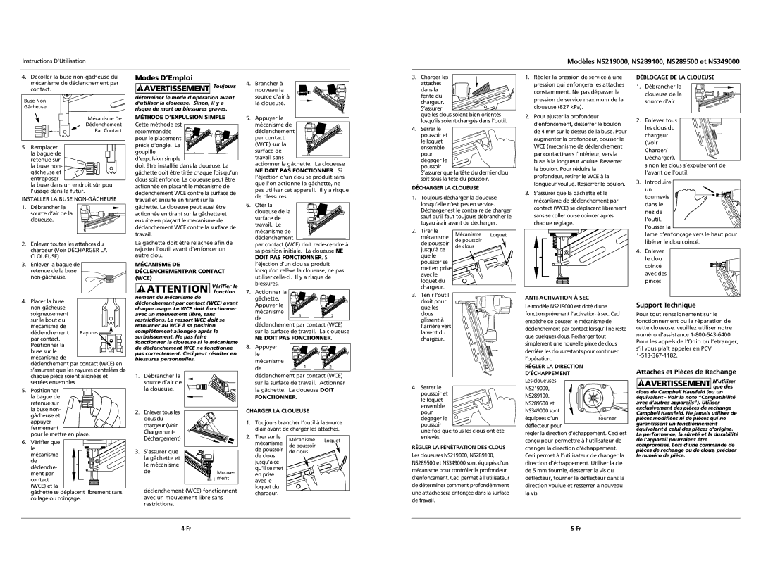 Campbell Hausfeld NS349000, NS219000, NS289100, NS289500 Modes D’Emploi, Support Technique, Attaches et Pièces de Rechange 