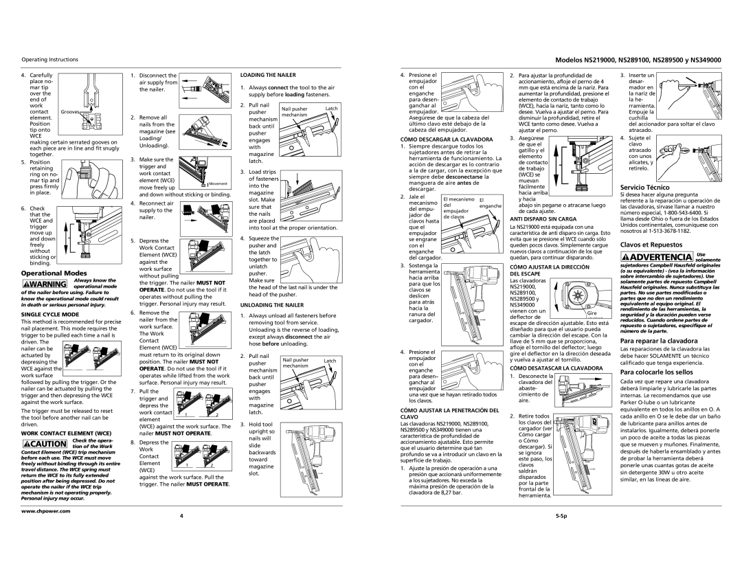 Campbell Hausfeld NS349000, NS219000 Operational Modes, Servicio Técnico, Clavos et Repuestos, Para reparar la clavadora 