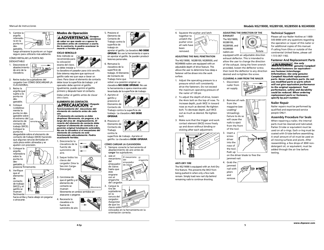 Campbell Hausfeld NS219000, NS349000 Modos de Operación, Technical Support, Fastener And Replacement Parts, Nailer Repair 