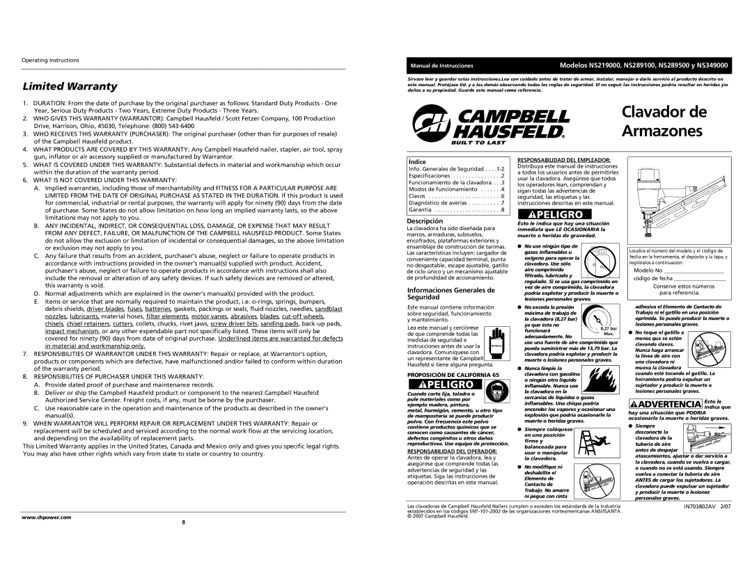 Campbell Hausfeld NS349000, NS219000, NS289100, NS289500 Limited Warranty, What is not Covered Under this Warranty 