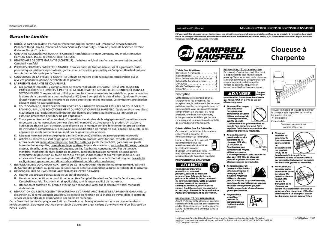 Campbell Hausfeld Garantie Limitée, Généralités Sur La Sécurité, Modèles NS219000, NS289100, NS289500 et NS349000 