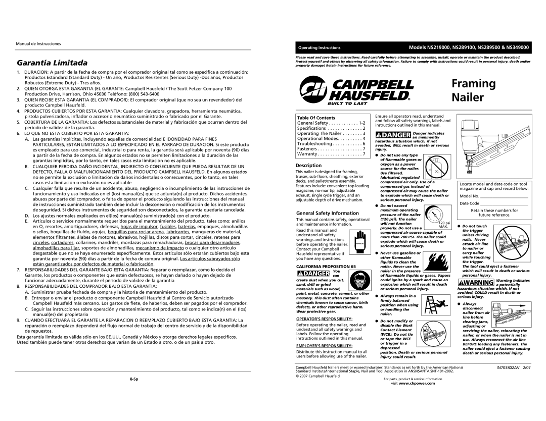 Campbell Hausfeld NS219000 operating instructions Framing Nailer, Garantía Limitada, Description, Table Of Contents 