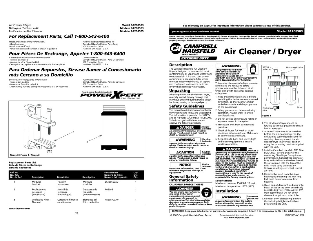 Campbell Hausfeld PA208503 operating instructions Air Cleaner / Dryer 