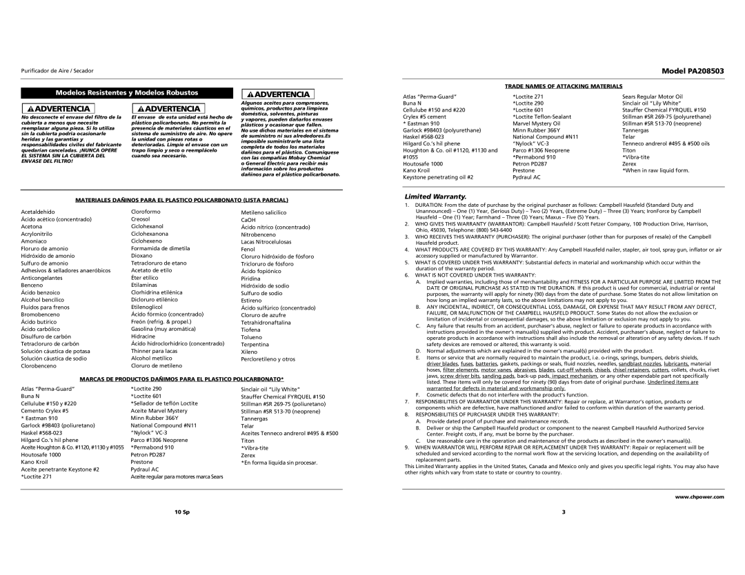 Campbell Hausfeld operating instructions Modelos Resistentes y Modelos Robustos, Model PA208503, Limited Warranty 