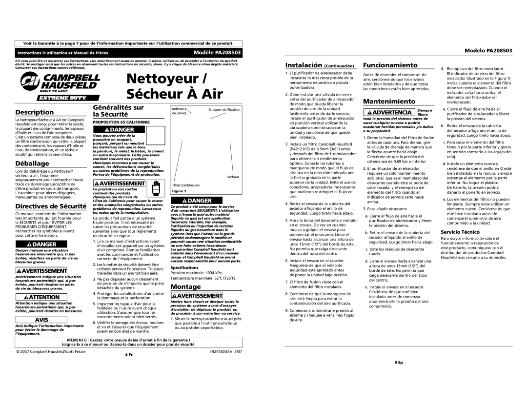 Campbell Hausfeld PA208503 operating instructions Nettoyeur Sécheur À Air 