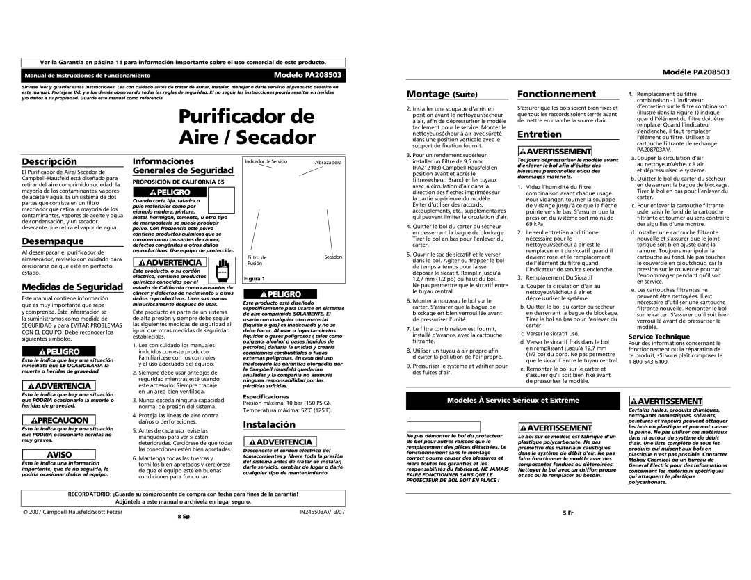 Campbell Hausfeld PA208503 operating instructions Purificador de Aire / Secador 