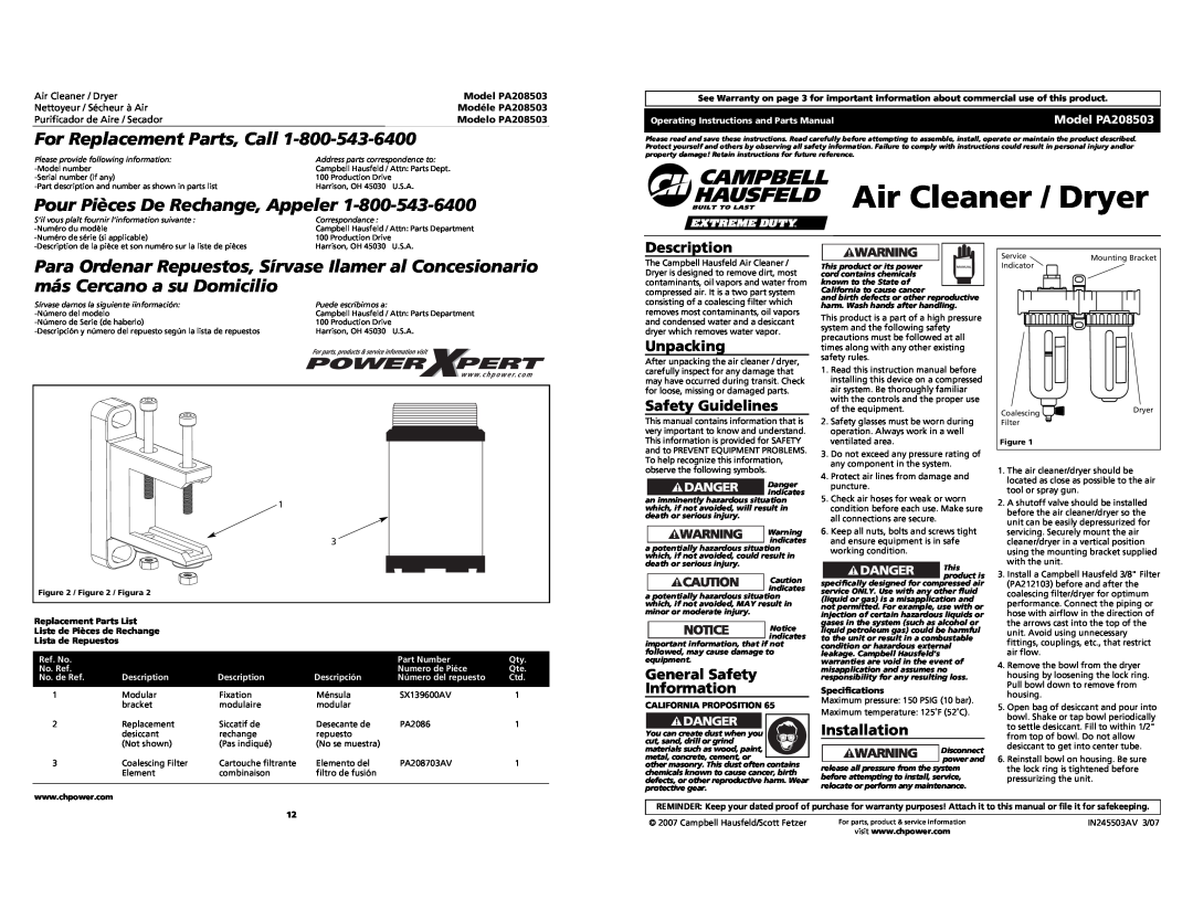 Campbell Hausfeld PA208503 operating instructions Air Cleaner / Dryer, Description, Unpacking, Safety Guidelines 