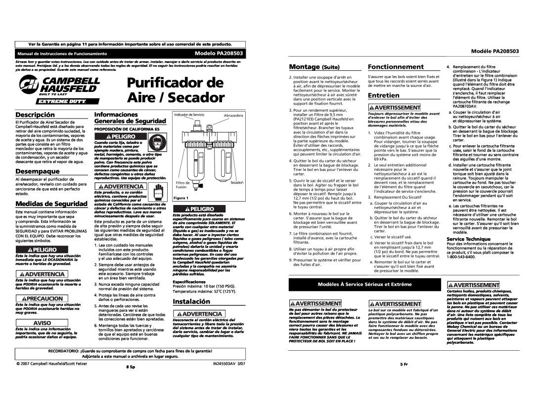 Campbell Hausfeld PA208503 Purificador de Aire / Secador, Montage Suite, Fonctionnement, Entretien, Descripción, 8 Sp 