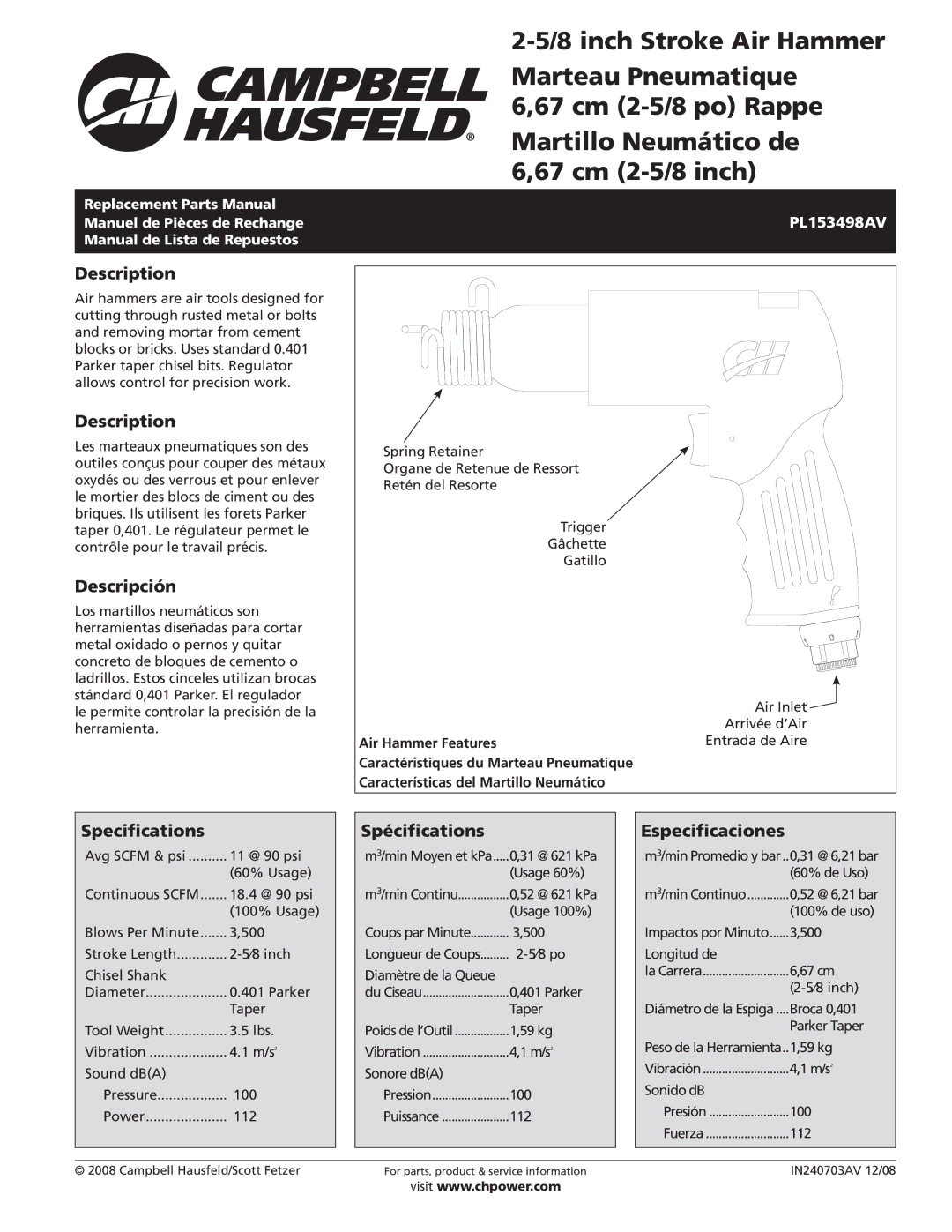 Campbell Hausfeld PL153498AV specifications Description, Descripción, Specifications, Spécifications, Especificaciones 