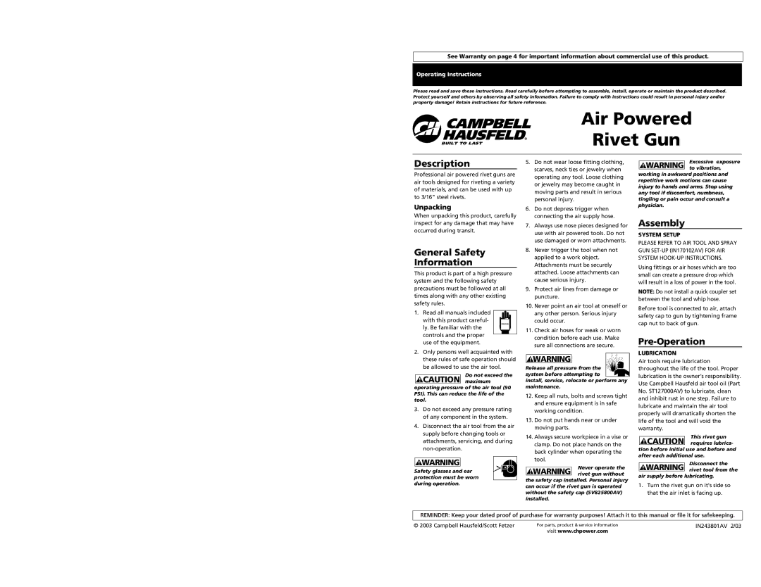 Campbell Hausfeld PL1539 warranty Air Powered Rivet Gun, Description, General Safety Information, Assembly, Pre-Operation 