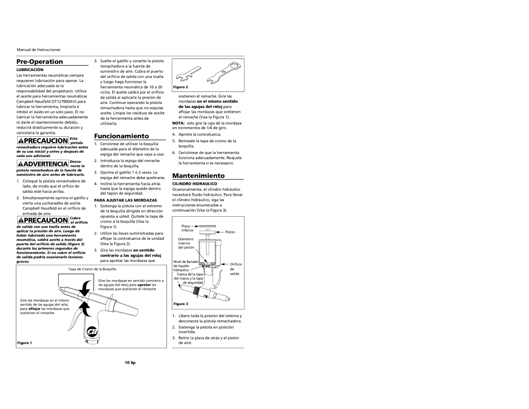 Campbell Hausfeld PL1539 warranty Advertencia necte la, Funcionamiento, Mantenimiento 