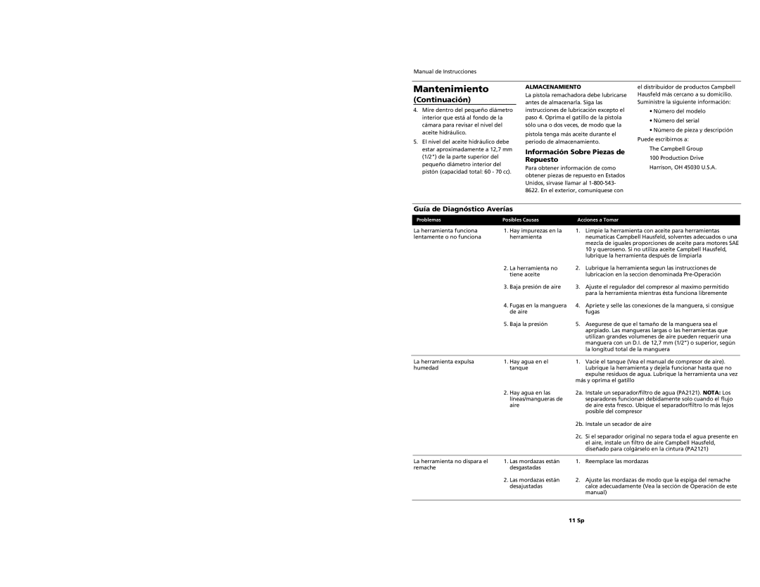 Campbell Hausfeld PL1539 Continuación, Información Sobre Piezas de, Repuesto, Guía de Diagnóstico Averías, Almacenamiento 