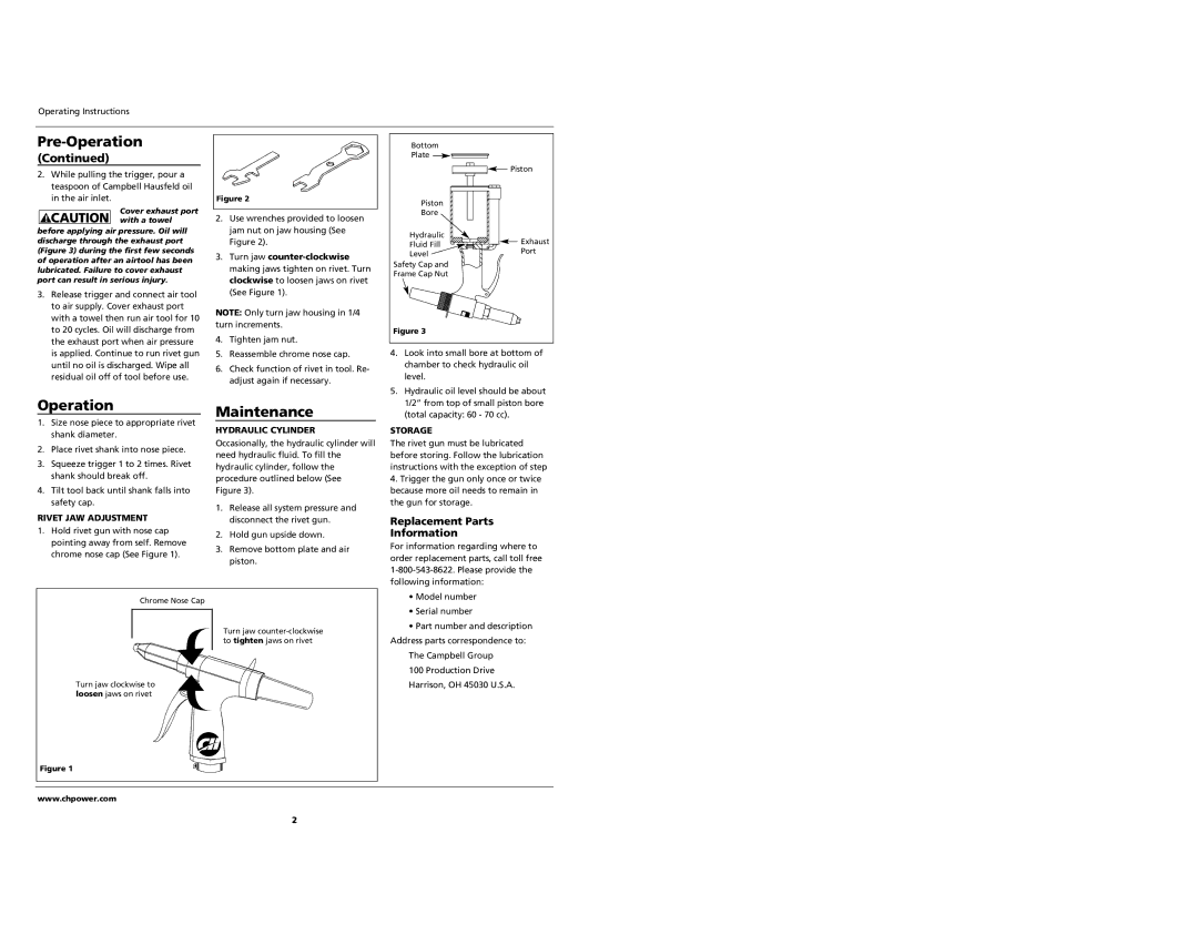 Campbell Hausfeld PL1539 warranty Operation, Maintenance, Replacement Parts Information 