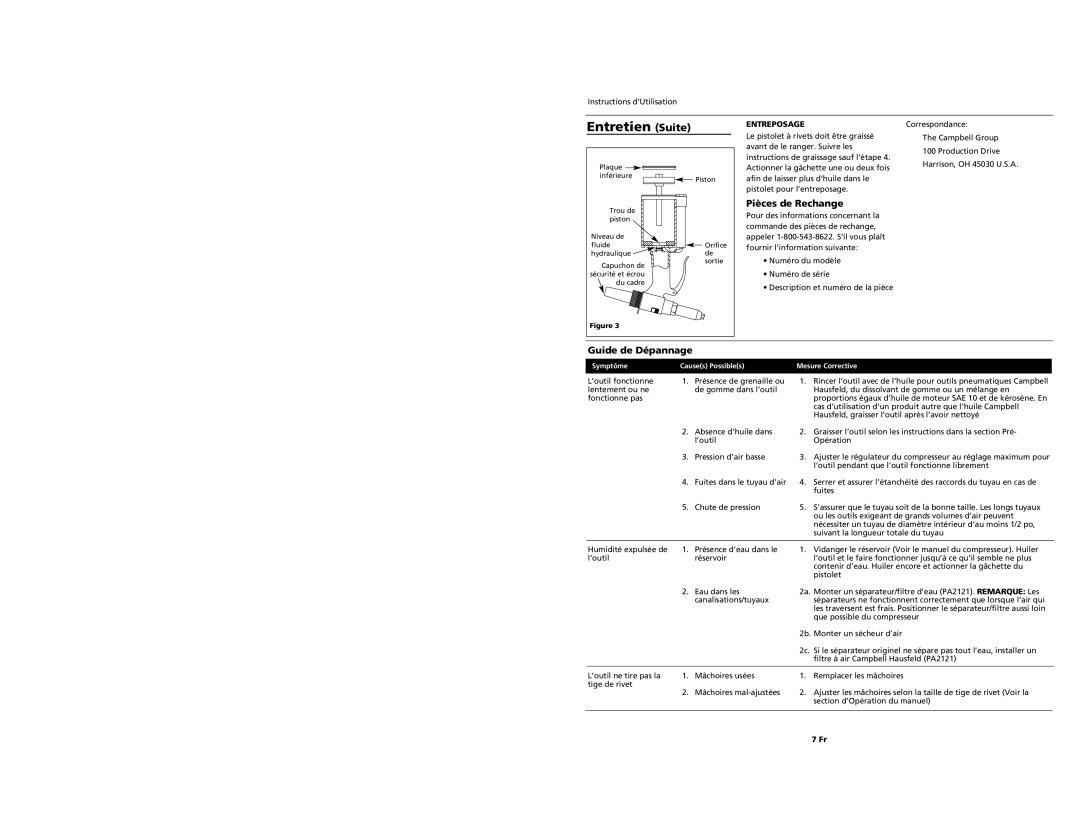 Campbell Hausfeld PL1539 warranty Entretien Suite, Pièces de Rechange, Guide de Dépannage, Entreposage 