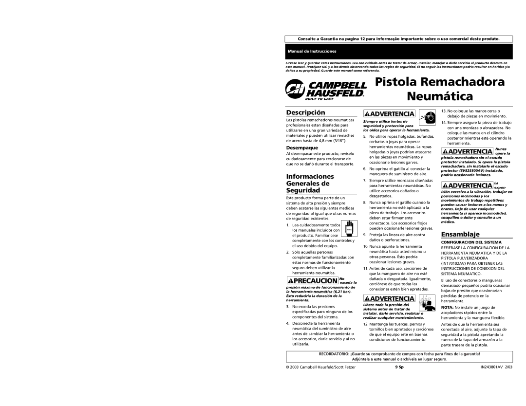 Campbell Hausfeld PL1539 Pistola Remachadora Neumática, Descripción, Informaciones Generales de Seguridad, Ensamblaje 