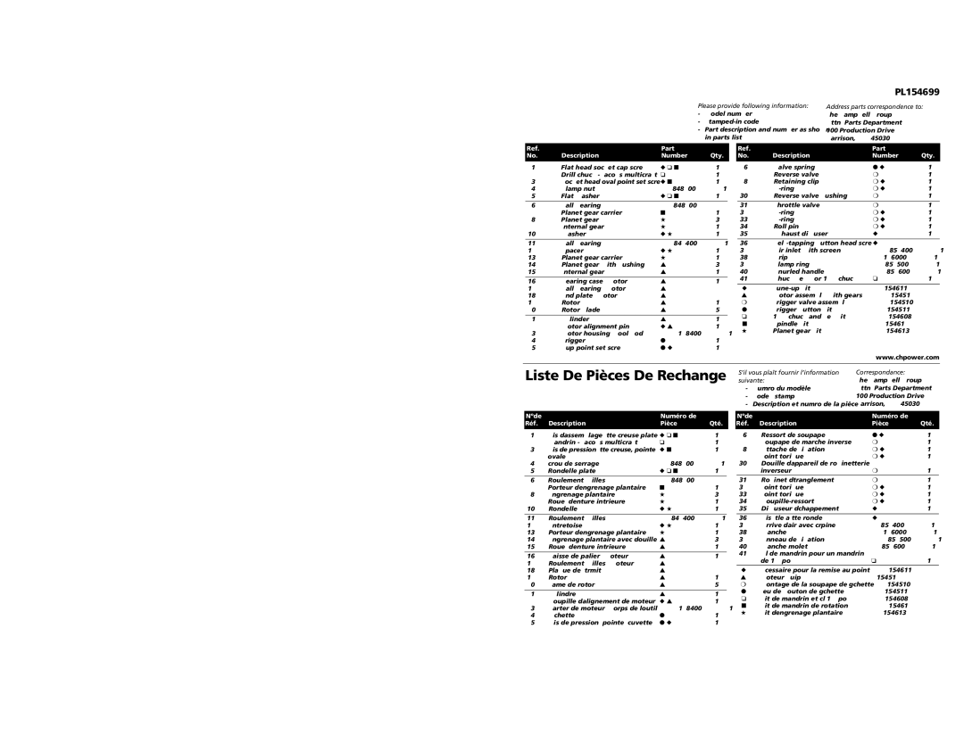 Campbell Hausfeld PL154699 Replacement Parts List, Liste De Pièces De Rechange, Nºde Numéro de Réf Description Pièce Qté 