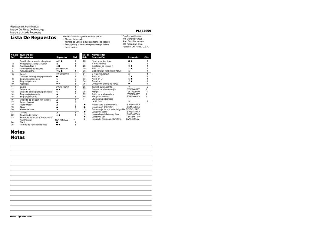 Campbell Hausfeld PL154699 specifications Lista De Repuestos, No. de Número del Descripción Repuesto Ctd 