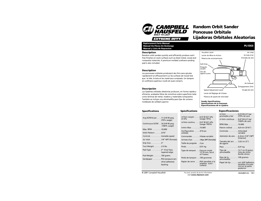 Campbell Hausfeld PL1565 specifications Description, Descripción, Specifications, Spécifications, Especificaciones 