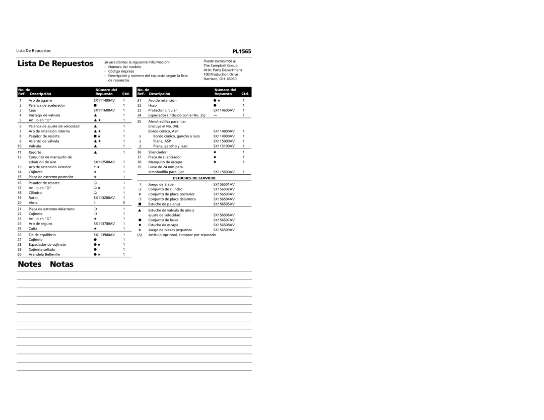 Campbell Hausfeld PL1565 specifications No. de Número del Descripción Repuesto Ctd, Estuches DE Servicio 