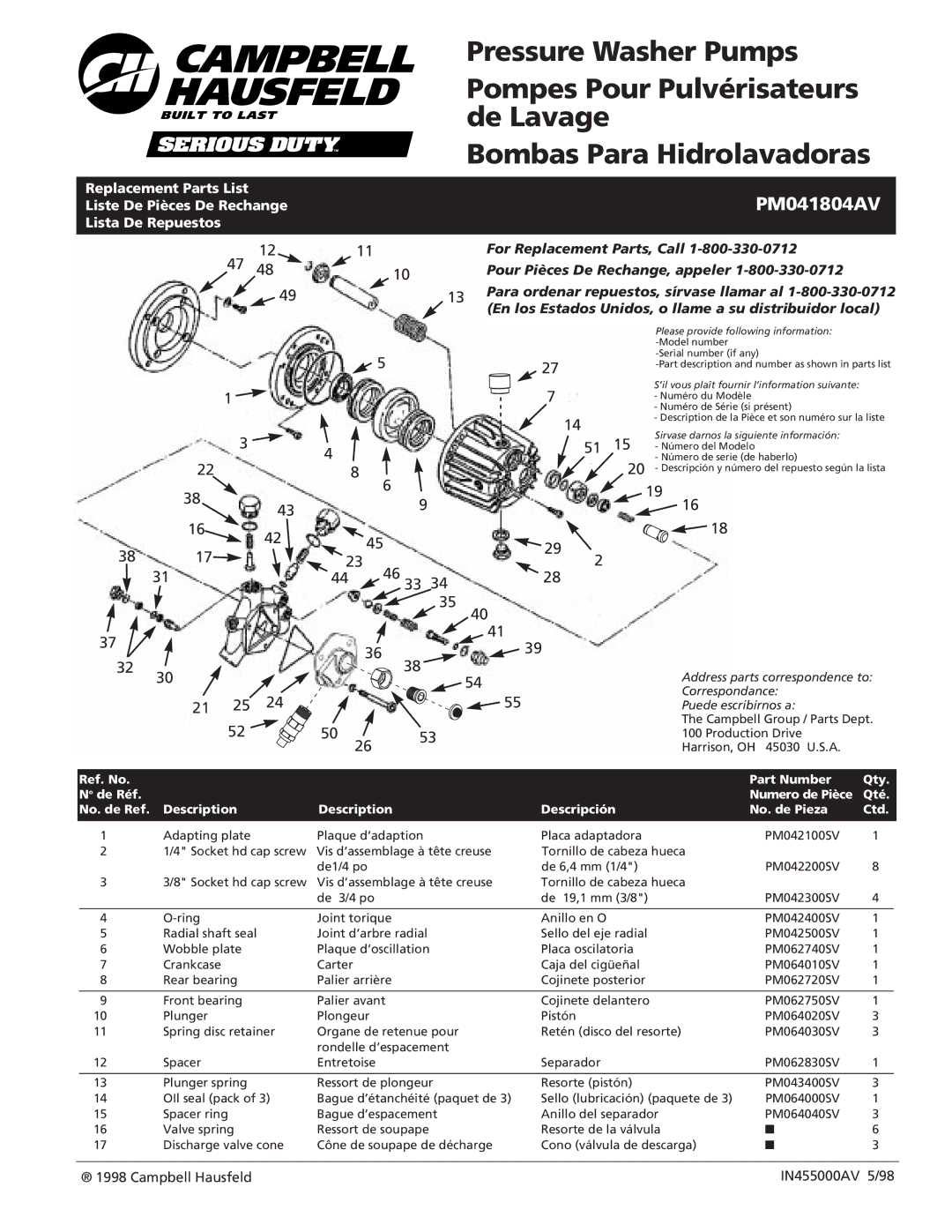 Campbell Hausfeld PM041804AV manual 44 46 33 21 25, Campbell Hausfeld IN455000AV 5/98 