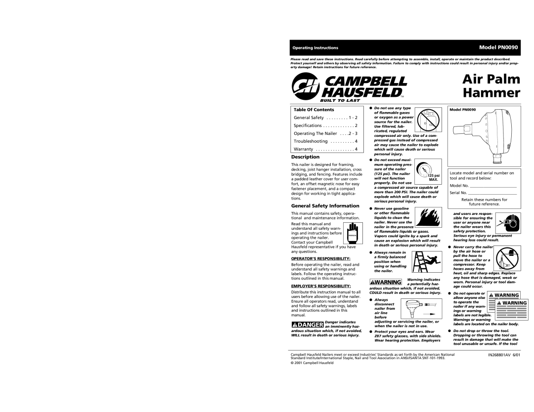 Campbell Hausfeld PN0090 specifications Description, General Safety Information, OPERATOR’S Responsibility 