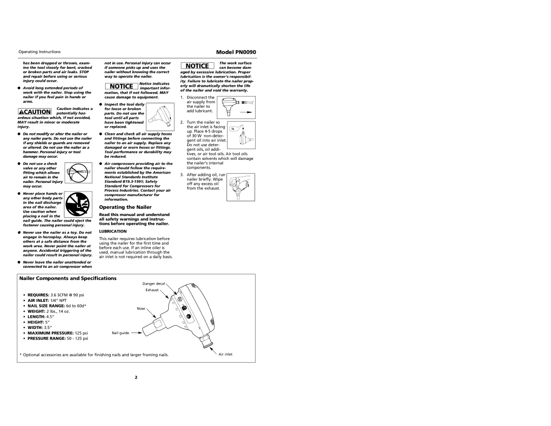 Campbell Hausfeld specifications Model PN0090, Operating the Nailer, Nailer Components and Specifications 