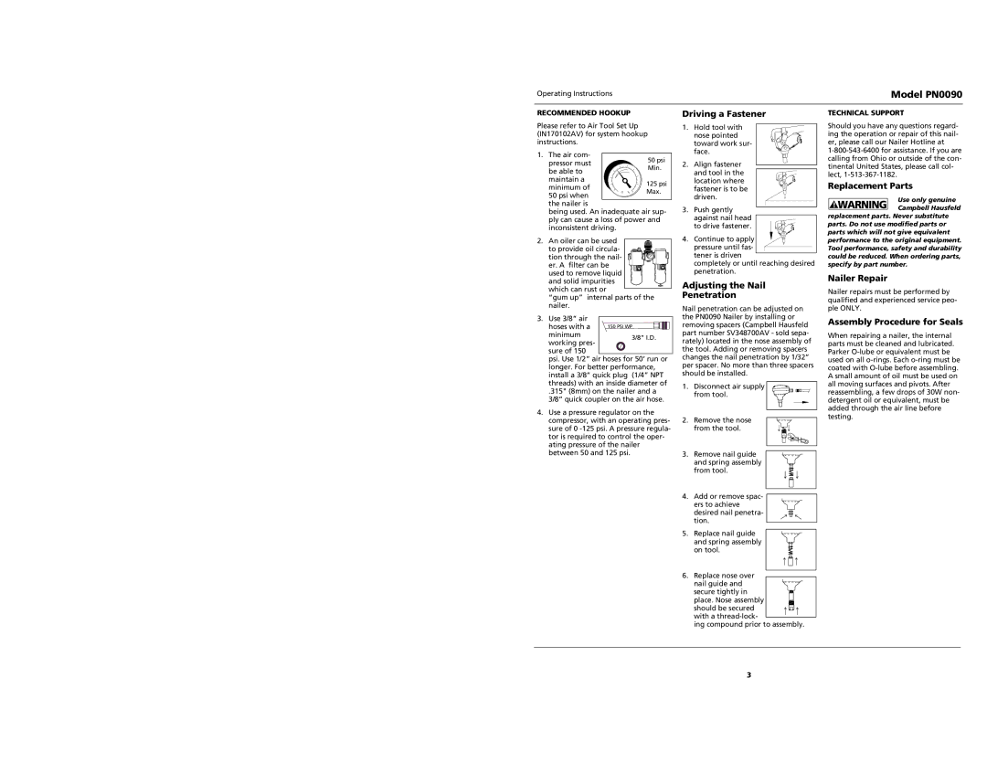 Campbell Hausfeld PN0090 Driving a Fastener, Adjusting the Nail Penetration, Replacement Parts, Nailer Repair 