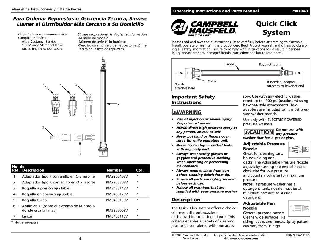 Campbell Hausfeld PW1049 important safety instructions Quick Click, System, Important Safety Instructions, Description 