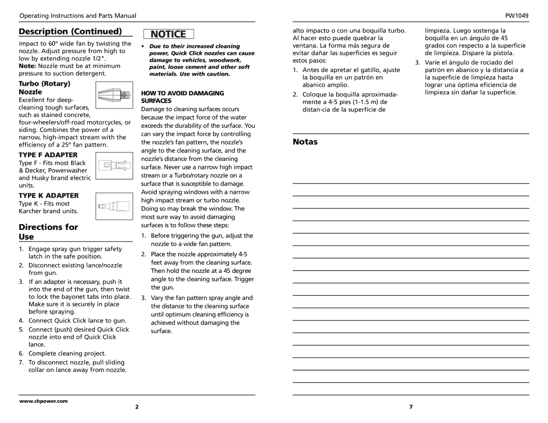 Campbell Hausfeld PW1049 important safety instructions Directions for Use, Notas, Turbo Rotary Nozzle 