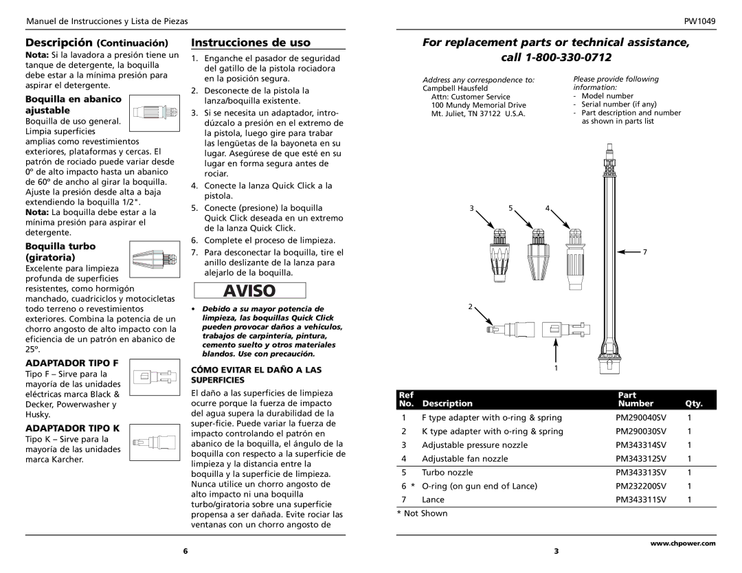 Campbell Hausfeld PW1049 Instrucciones de uso, Descripción Continuación, Boquilla en abanico ajustable 