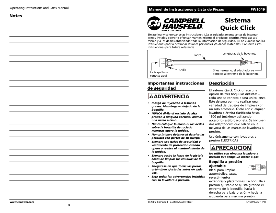 Campbell Hausfeld PW1049 Sistema Quick Click, Importantes instrucciones de seguridad, Descripción 