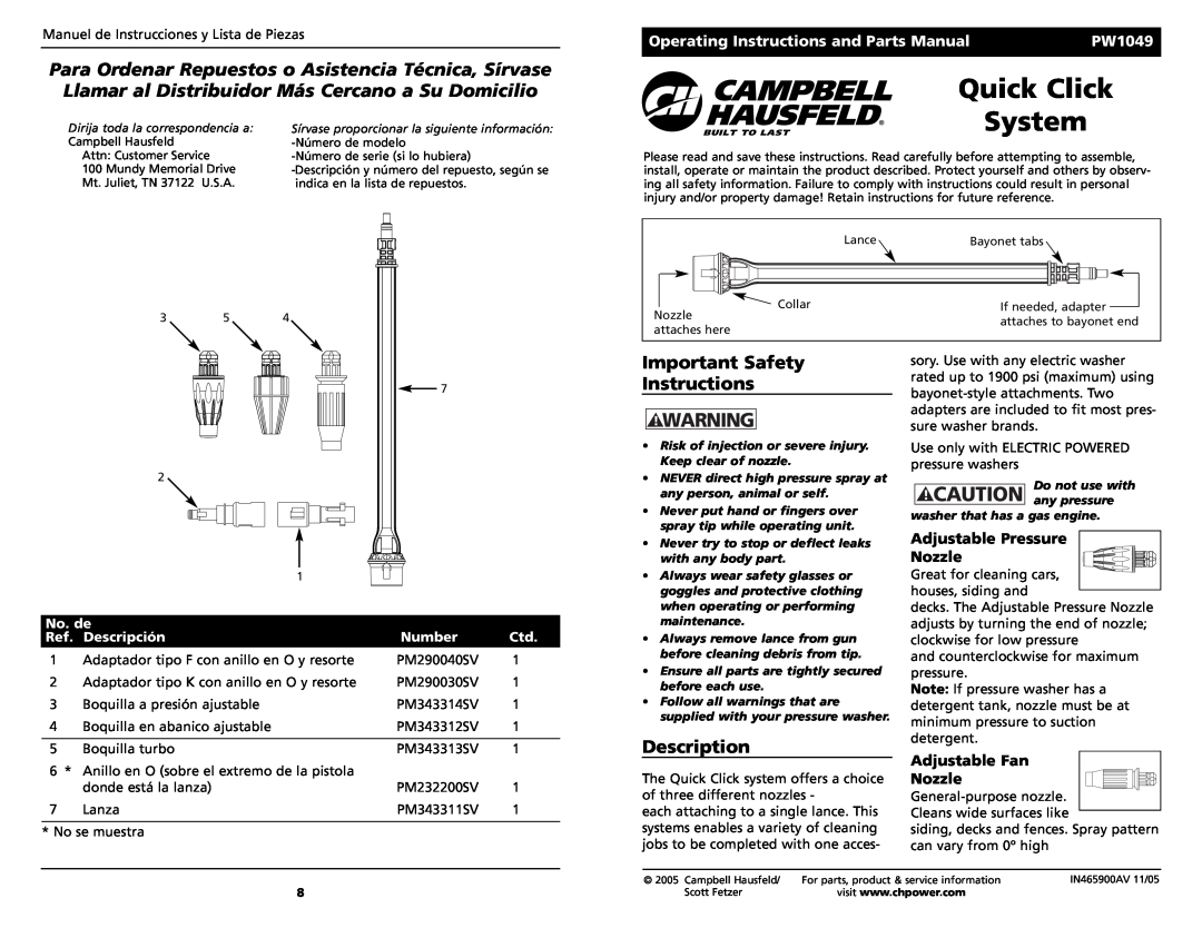 Campbell Hausfeld PW1049 important safety instructions Quick Click, System, Important Safety Instructions, Description 