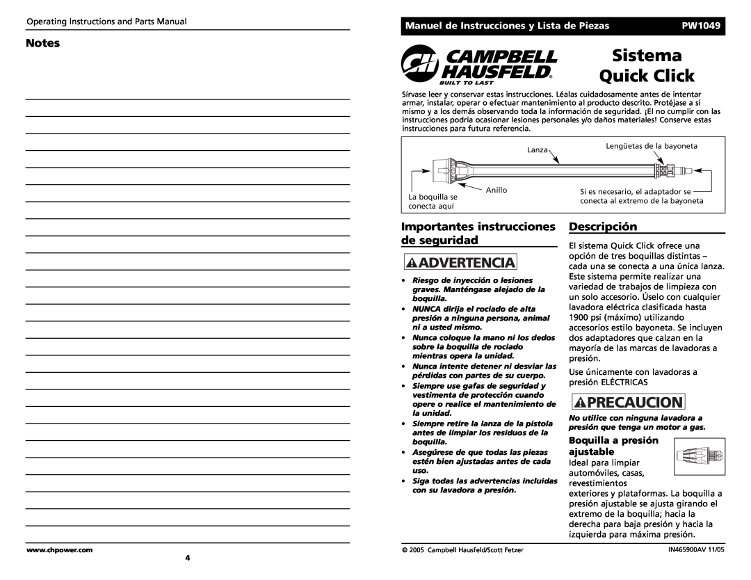 Campbell Hausfeld PW1049 Sistema Quick Click, Importantes instrucciones de seguridad, Descripción, Precaucion, Advertencia 