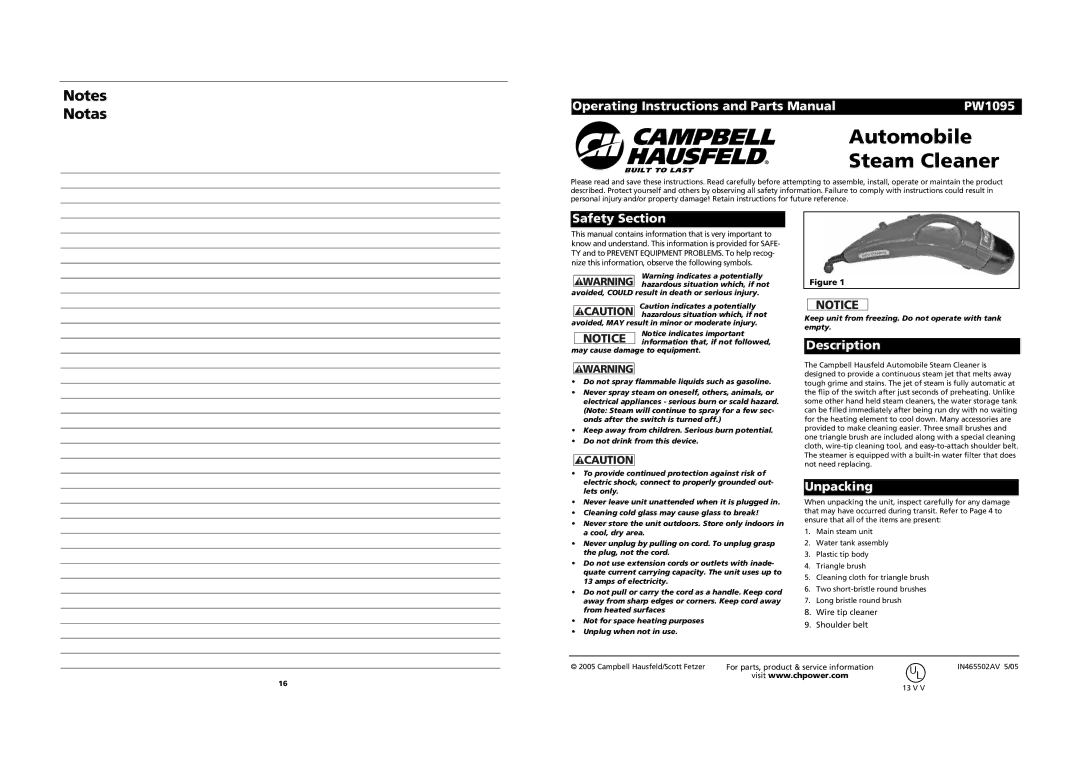 Campbell Hausfeld manual Automobile Steam Cleaner, Operating Instructions and Parts Manual PW1095, Safety Section 