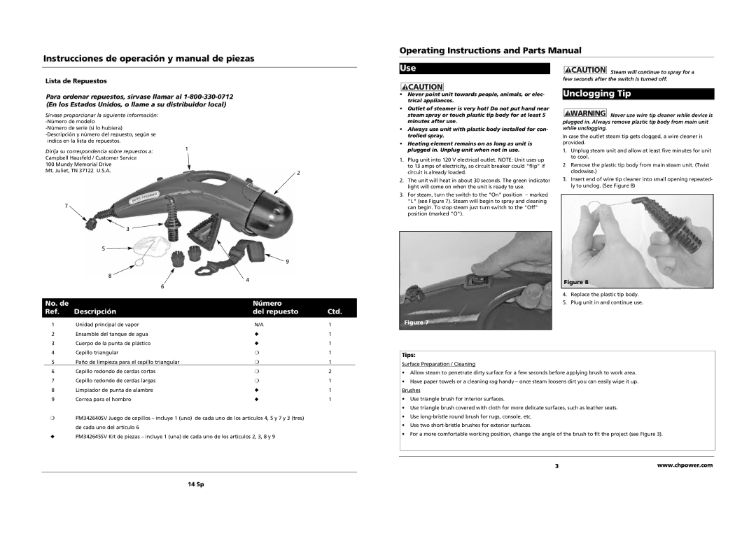 Campbell Hausfeld PW1095 manual Use, Unclogging Tip, Tips, 14 Sp 