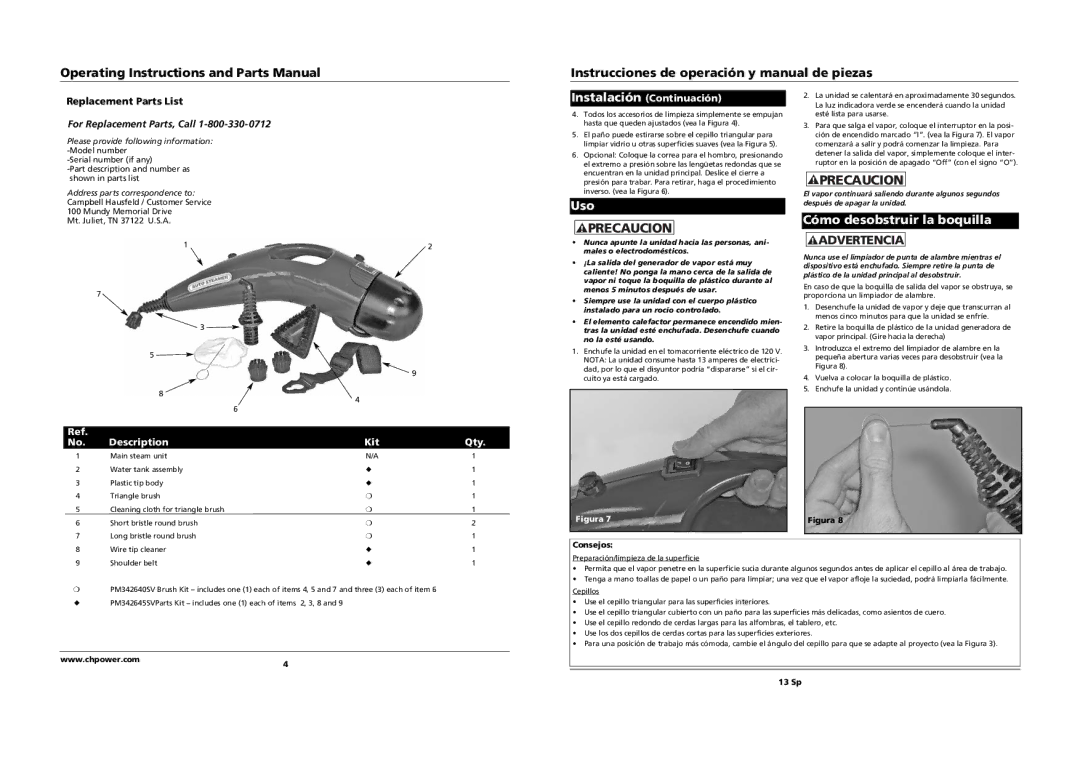 Campbell Hausfeld PW1095 manual Uso, Cómo desobstruir la boquilla, For Replacement Parts, Call, Description Kit Qty 