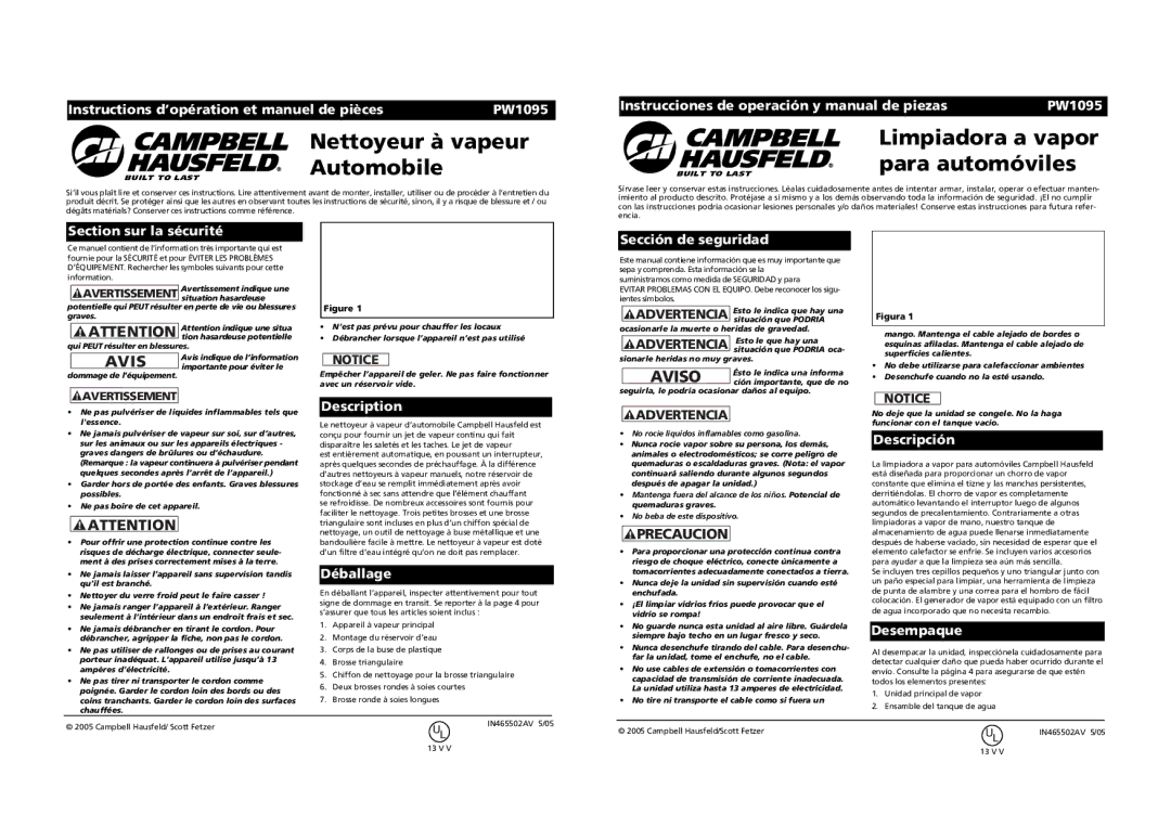 Campbell Hausfeld PW1095 manual Nettoyeur à vapeur Automobile, Limpiadora a vapor para automóviles 