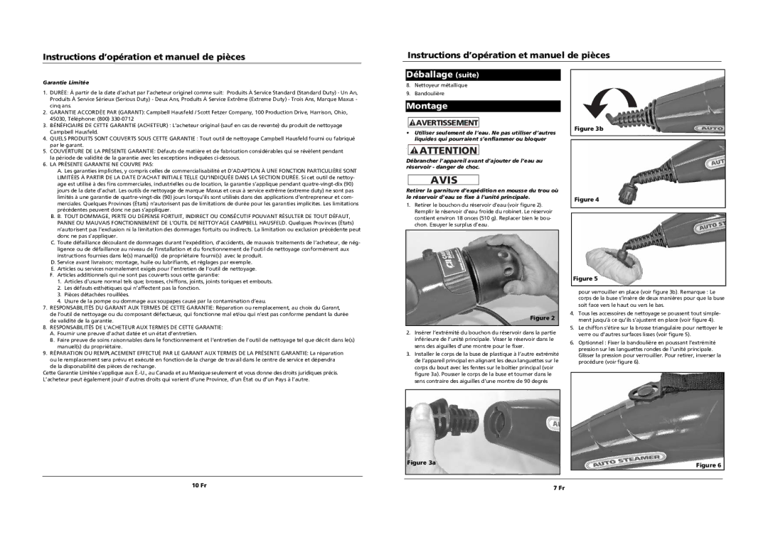 Campbell Hausfeld PW1095 manual Avis, Déballage suite, Montage, 10 Fr, Garantie Limitée 