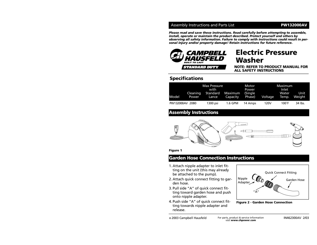 Campbell Hausfeld PW132000AV specifications Electric Pressure Washer, Specifications, Assembly Instructions 