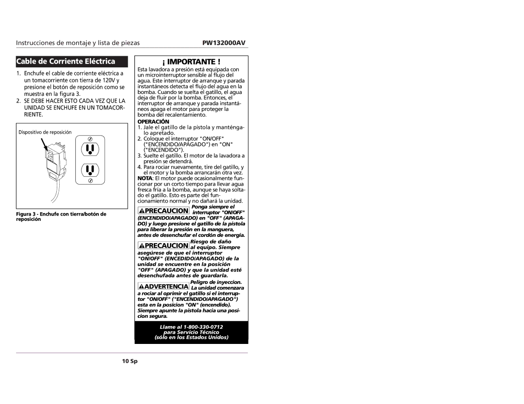 Campbell Hausfeld PW132000AV specifications Cable de Corriente Eléctrica, Operación 