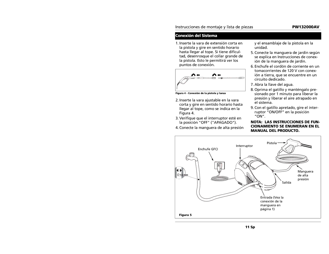 Campbell Hausfeld PW132000AV specifications Conexión del Sistema, Figura 4 Conexión de la pistola y lanza 